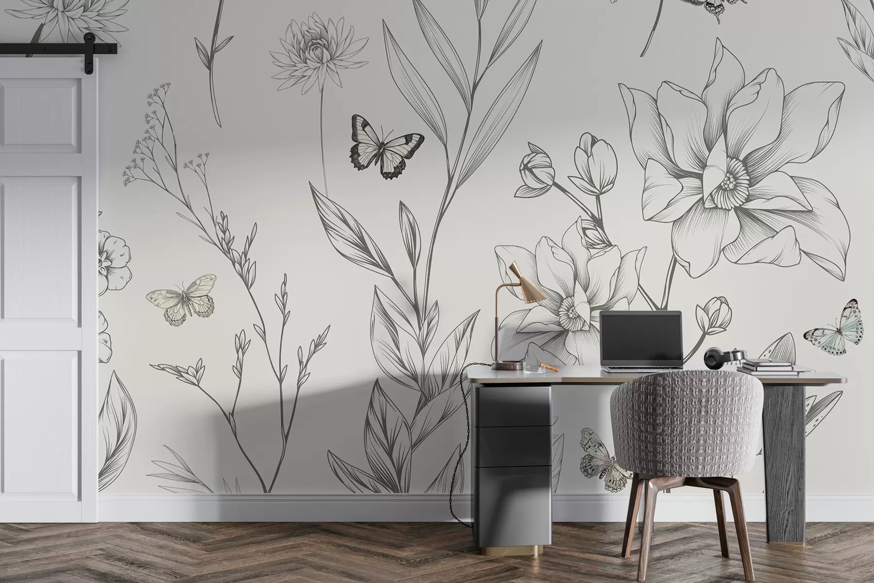 stenske poslikave Boho enobarvne rože in metulji w08088