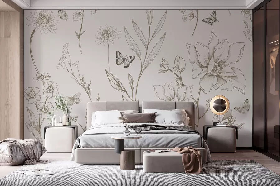 stenske poslikave Boho enobarvne rože in metulji v bež barvi w08088v1