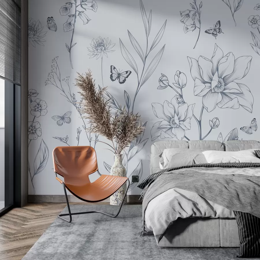 stenske poslikave Boho enobarvne rože in metulji v modri barvi w08088v2