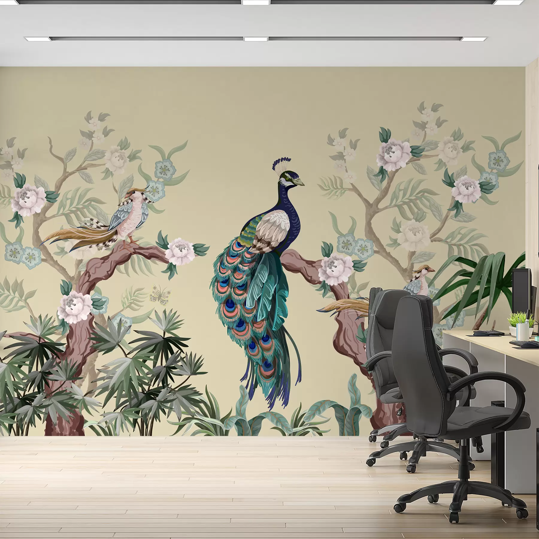 stenske poslikave pav na drevesu, bež ozadje w08168