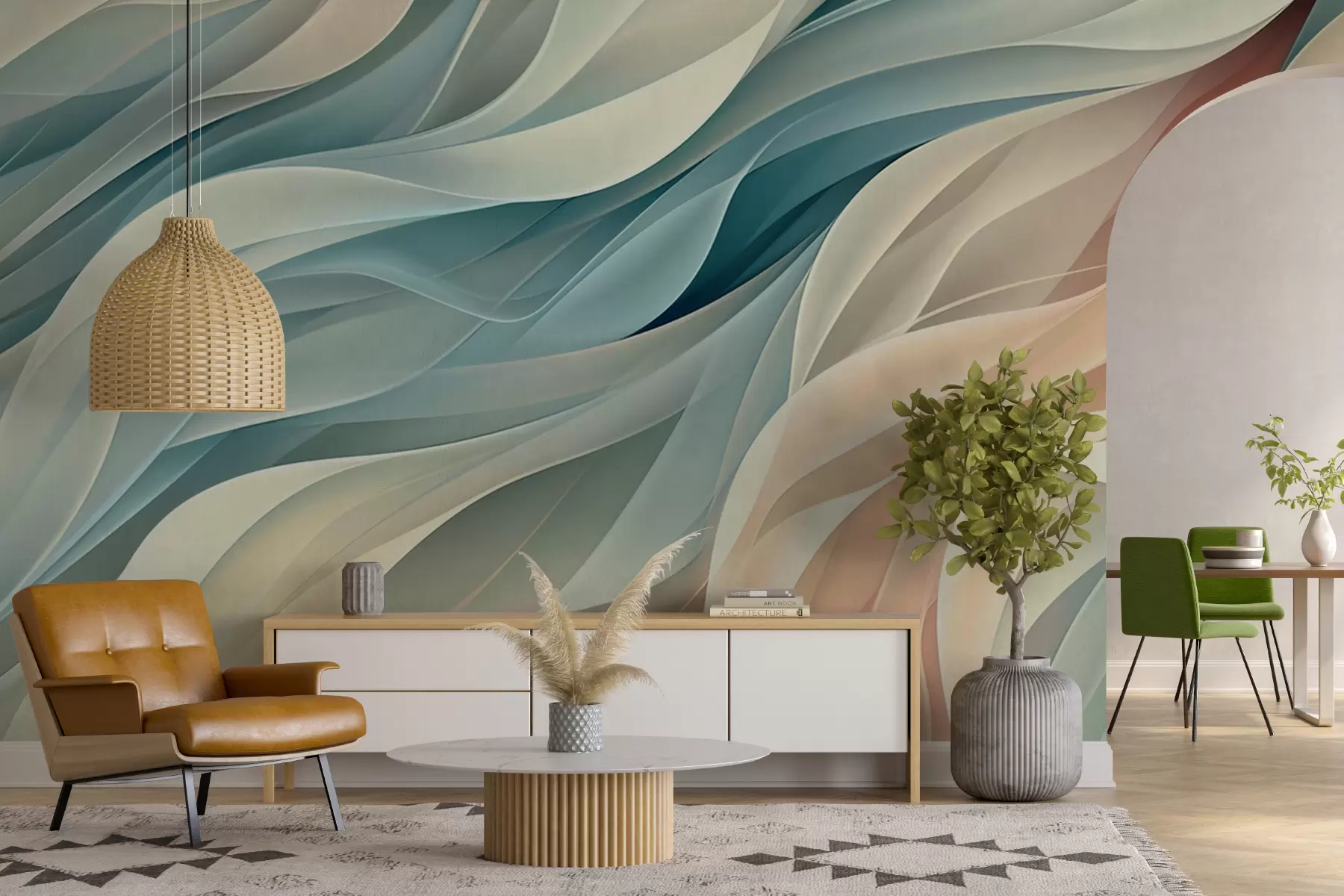 stenske poslikave Očarljiv abstrakten dizajn z mehkimi pastelnimi valovi w01335