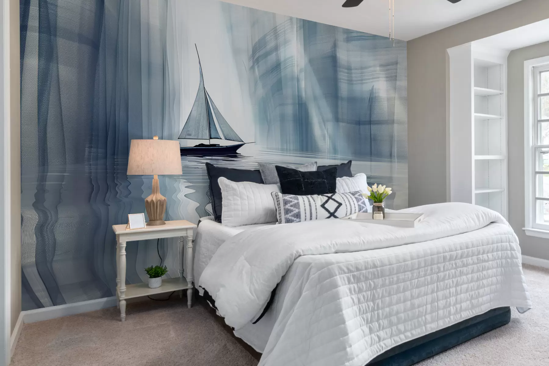 stenske poslikave Čoln na vodi v futurističnem stilu z modrimi barvami w01338