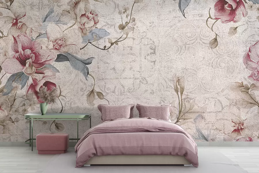 stenske poslikave Vintage cvetlični vzorec z nežnimi rožnatimi in belimi cvetovi, listi na svetlo bež podlagi w08149