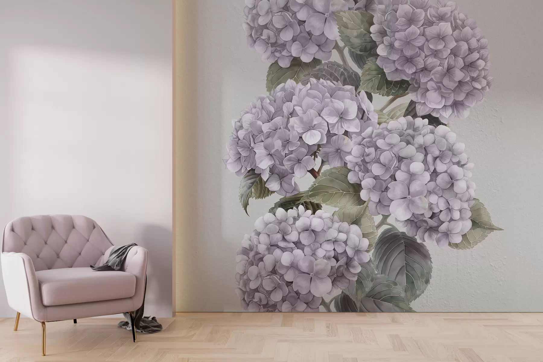 stenske poslikave Veje hortenzije v nežno roza barvah w08176v1