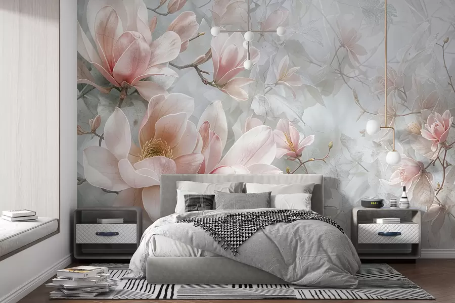 stenske poslikave Nežni rožnati cvetovi magnolije, ki cvetijo na mehkem, zamegljenem cvetlično sivem ozadju w08192