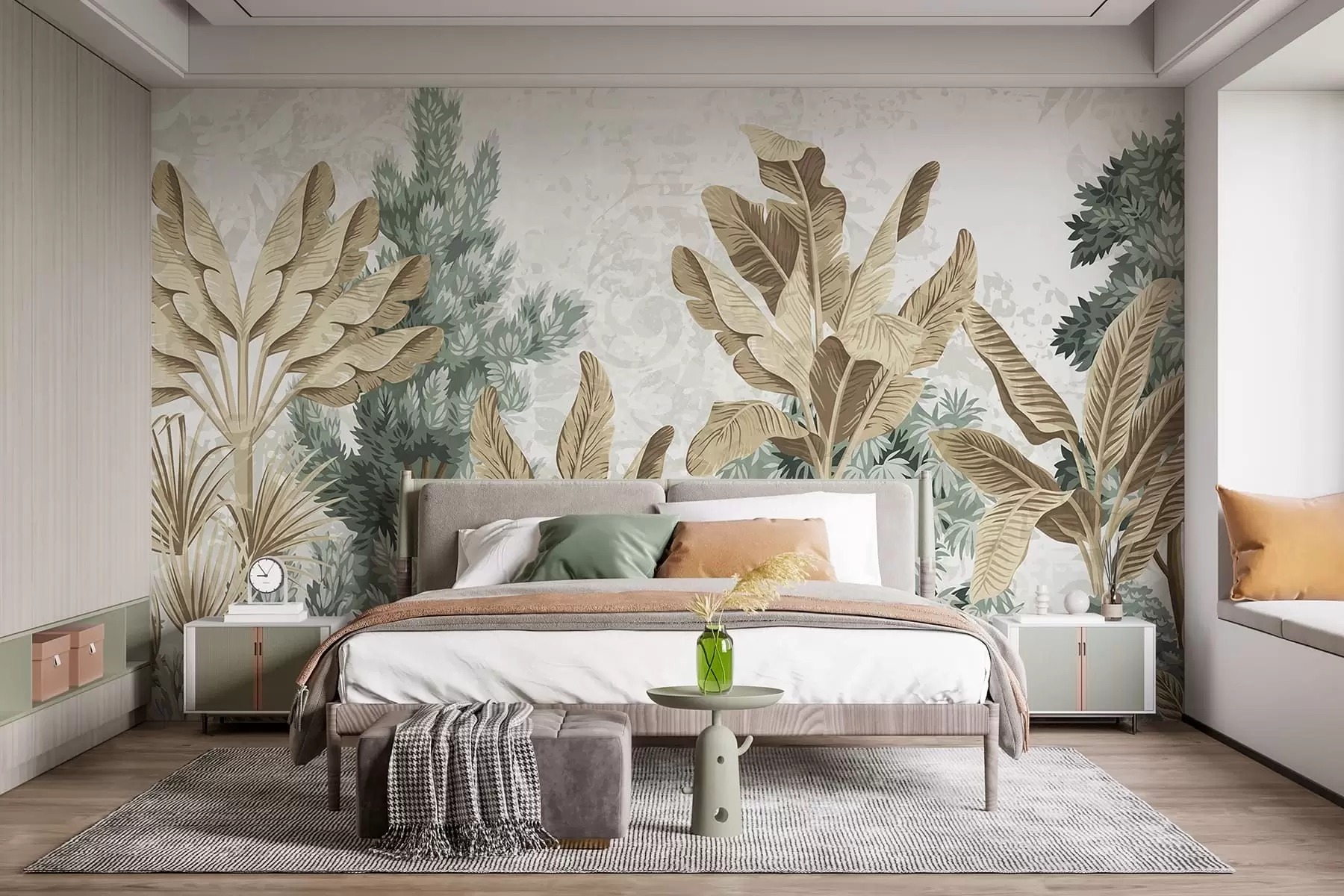 stenske poslikave Bujen tisk tropskega listja z zelenimi in rjavimi listi, palmami in drugimi eksotičnimi rastlinami w08200