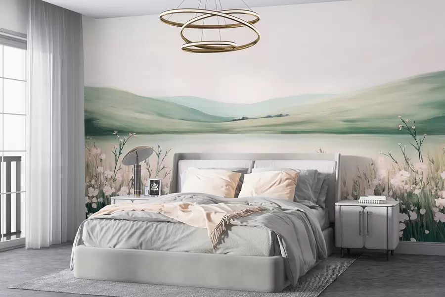 stenske poslikave Cvetlični travnik, naravna pokrajina, jezero, rožnate rože, zeleni griči w01387