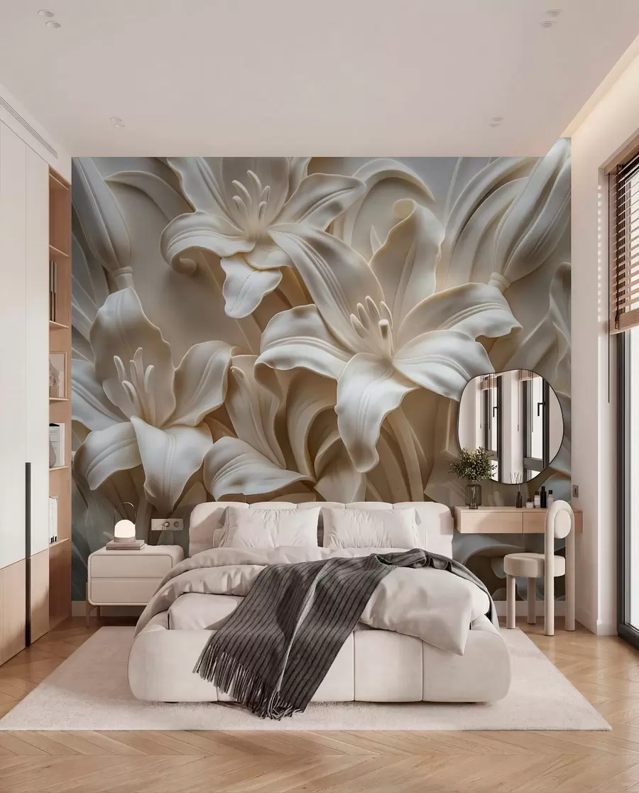 stenske poslikave Eleganten bež 3d relief izrezljanih lilij w01433