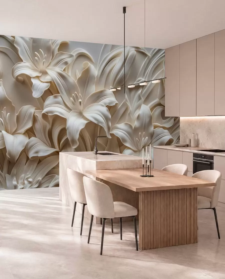 stenske poslikave Eleganten bež 3d relief izrezljanih lilij w01433