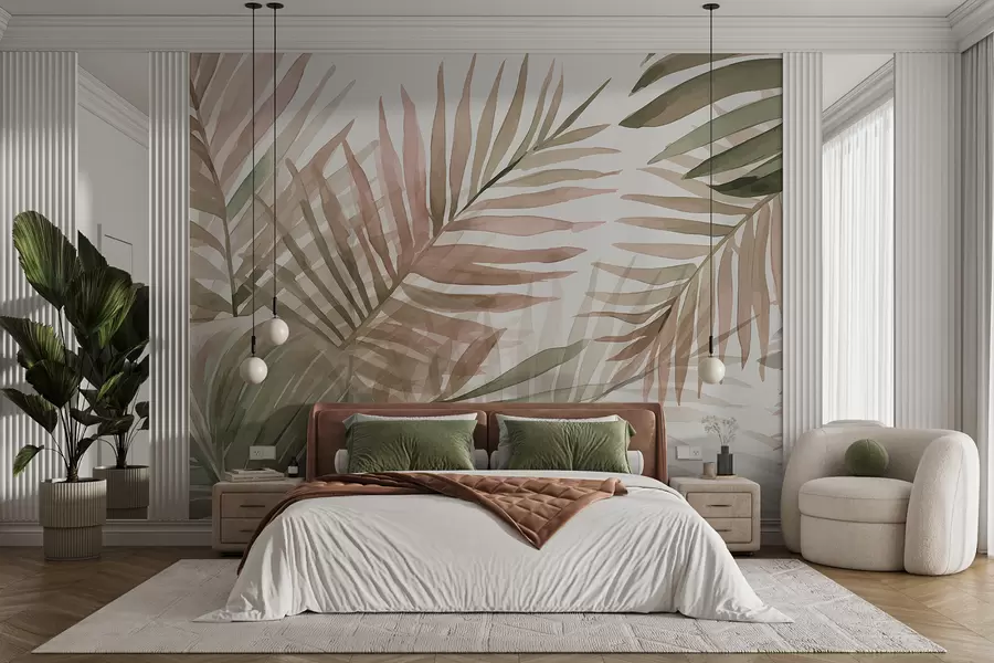 stenske poslikave Palmovi akvarelni listi v različnih odtenkih zelene in rožnate barve na svetlem ozadju w08218