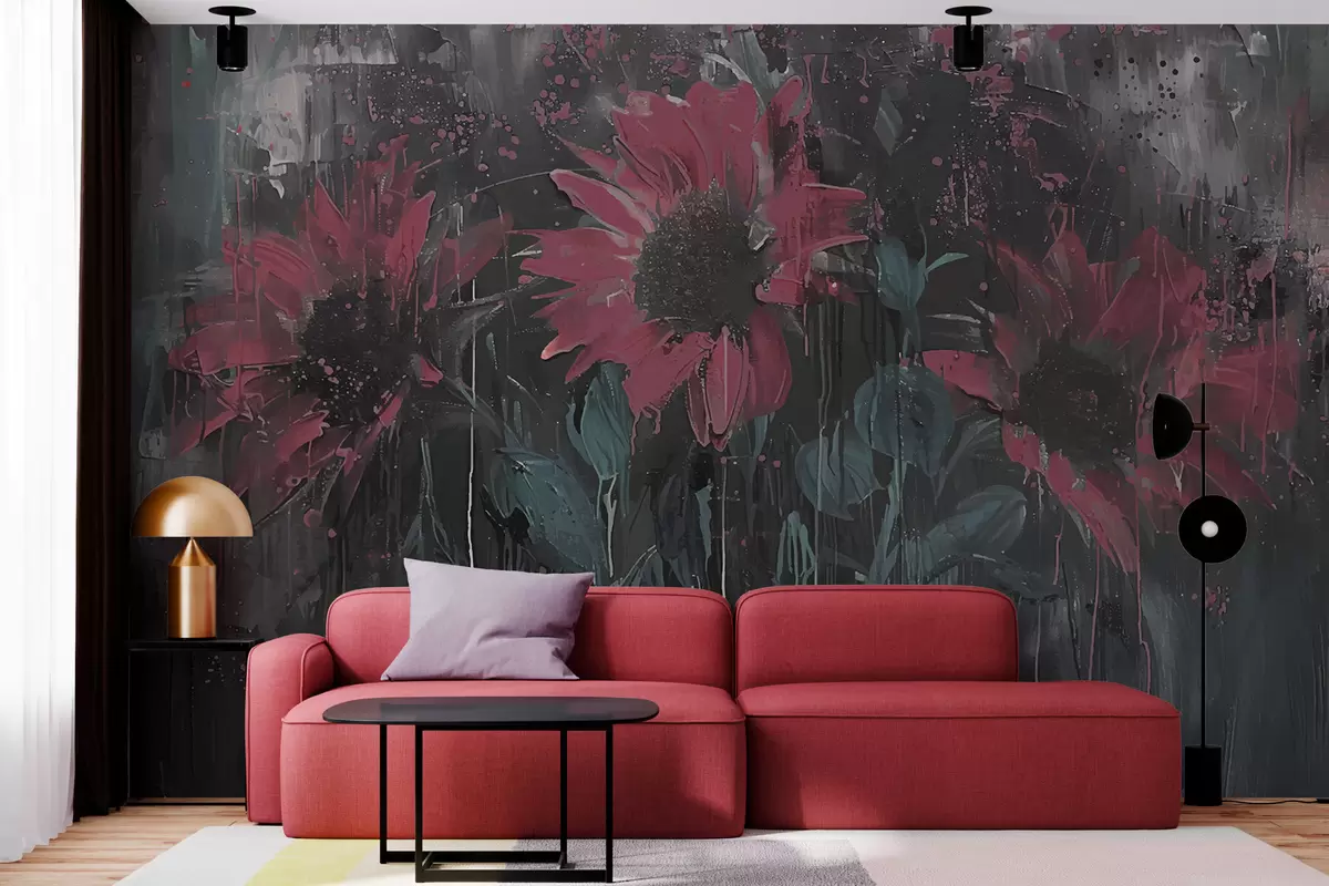 stenske poslikave Abstraktna slika sončnice, temno sivo ozadje in rdeče-roza toni w01480v1