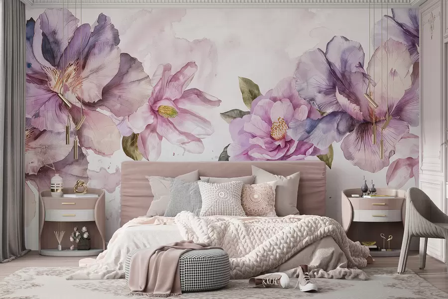 stenske poslikave Nežni rožnati in vijolični akvarelni cvetovi z mehkimi cvetnimi listi in zelenimi listi na svetlem ozadju w08238