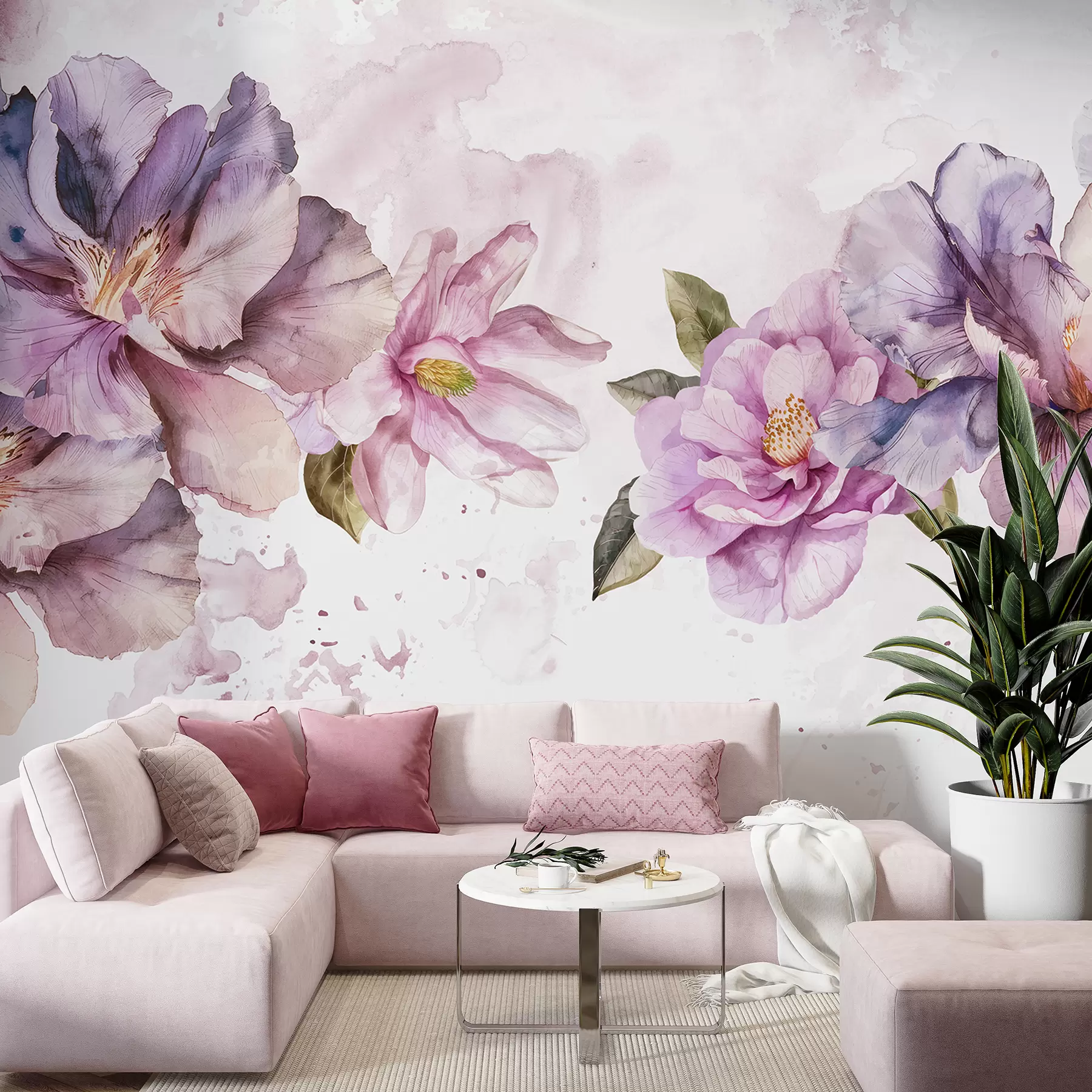 stenske poslikave Nežni rožnati in vijolični akvarelni cvetovi z mehkimi cvetnimi listi in zelenimi listi na svetlem ozadju w08238
