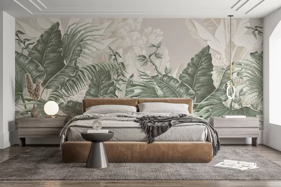 stenske poslikave Prizor tropske džungle z velikimi zelenimi listi in cvetovi v ospredju, ki ustvarja bujno vzdušje w08242v1