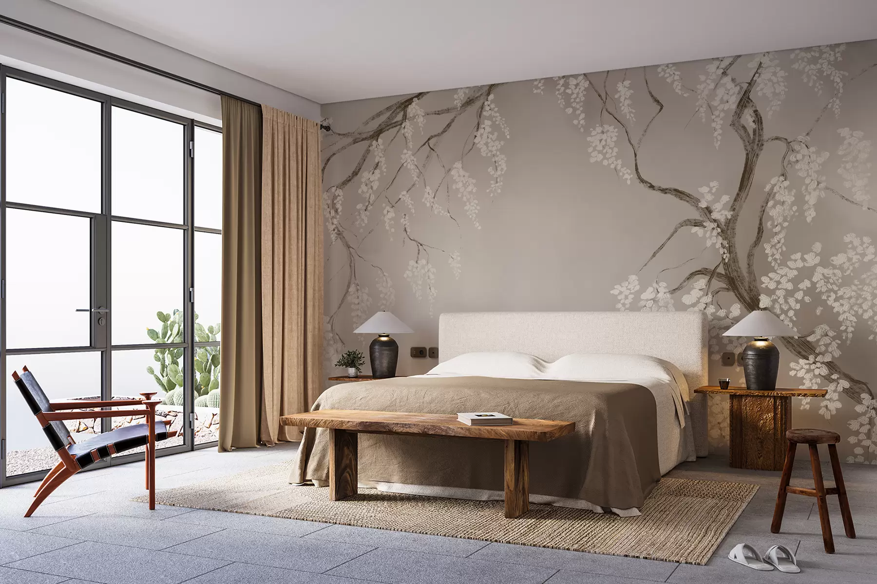 stenske poslikave Nežno belo češnjevo drevo s cvetovi, ki cvetijo na vejah na bež ozadju w08243