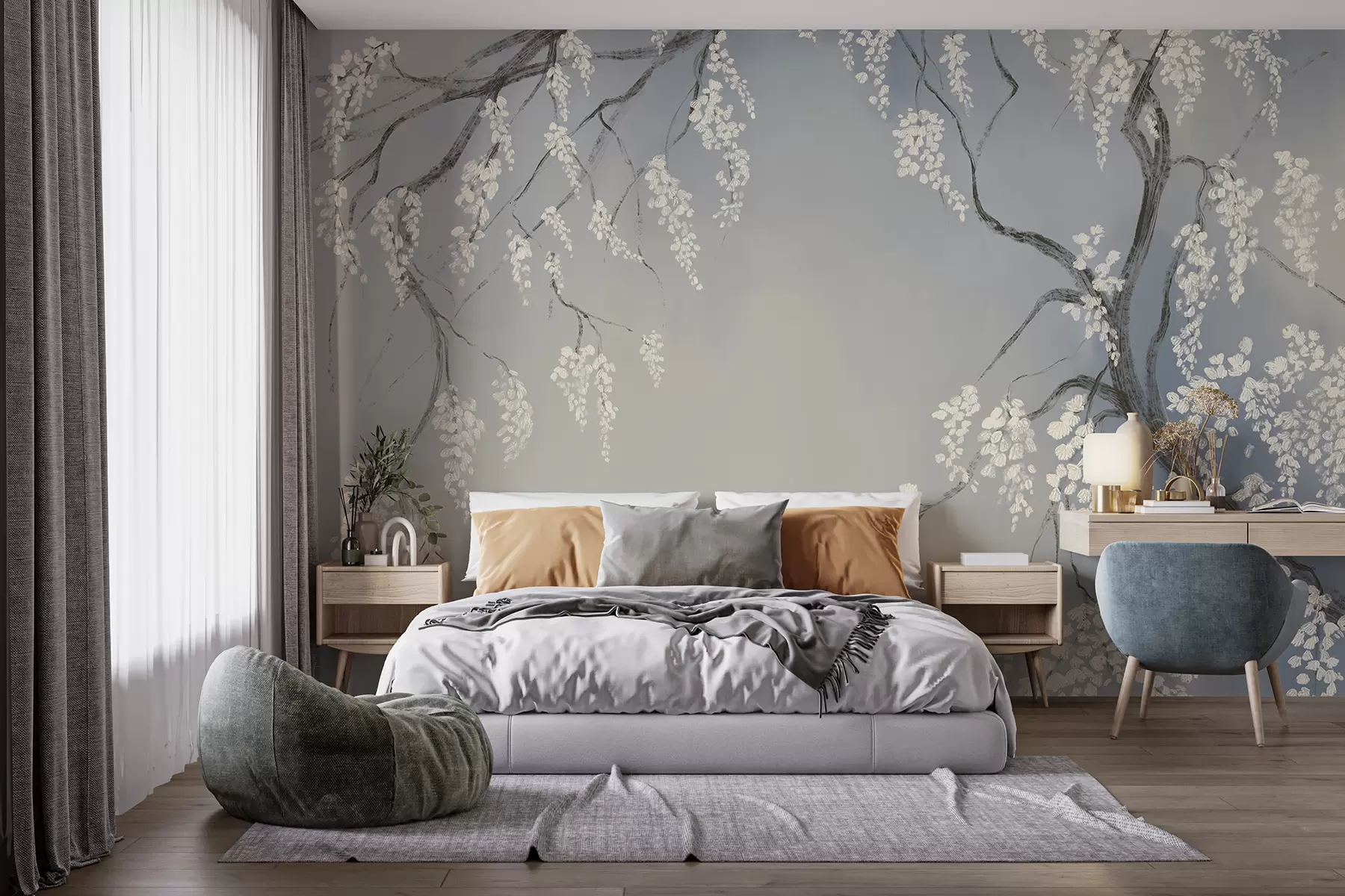 stenske poslikave Nežno belo češnjevo drevo s cvetovi, ki cvetijo na vejah na modrem ozadju w08243v1