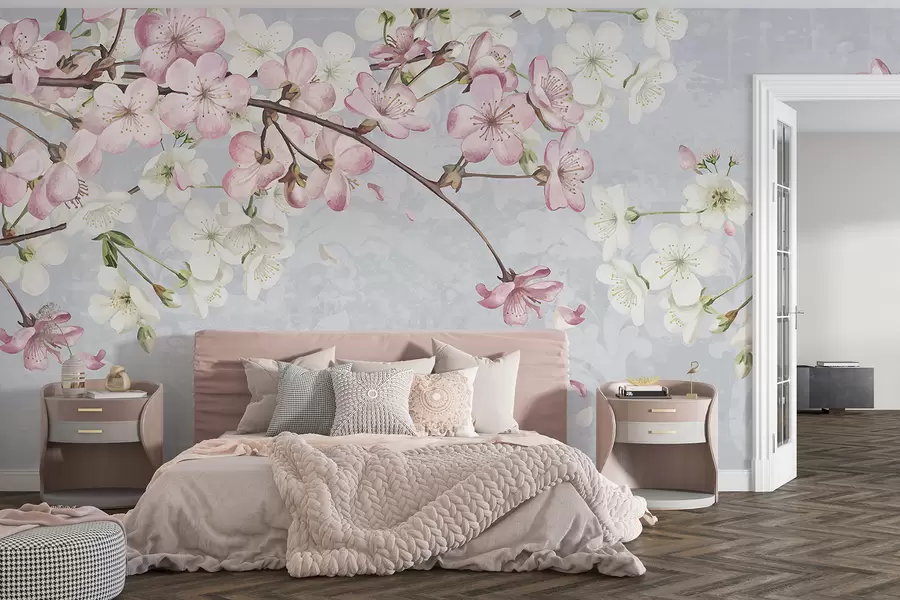 stenske poslikave Roza in beli cvetovi češnje v polnem razcvetu z mehkimi cvetnimi lističi, ki padajo na teksturirano modro ozadje w08254