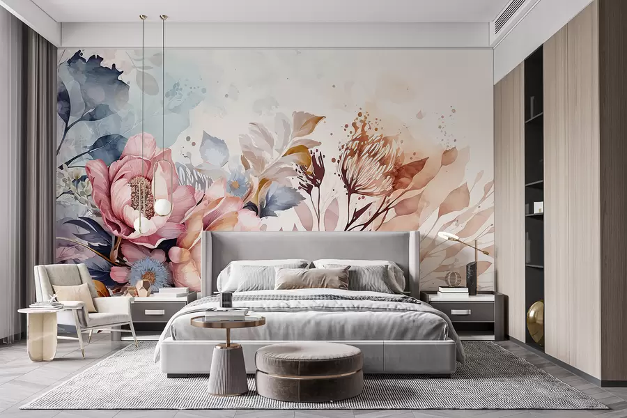 stenske poslikave Veliki rožnati in modri cvetovi z nežnimi cvetnimi lističi, obkroženi z manjšimi cvetovi na akvarelnem ozadju w08256
