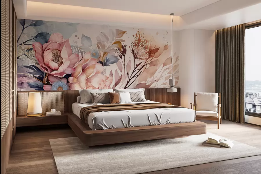 stenske poslikave Veliki rožnati in modri cvetovi z nežnimi cvetnimi lističi, obkroženi z manjšimi cvetovi na akvarelnem ozadju w08256