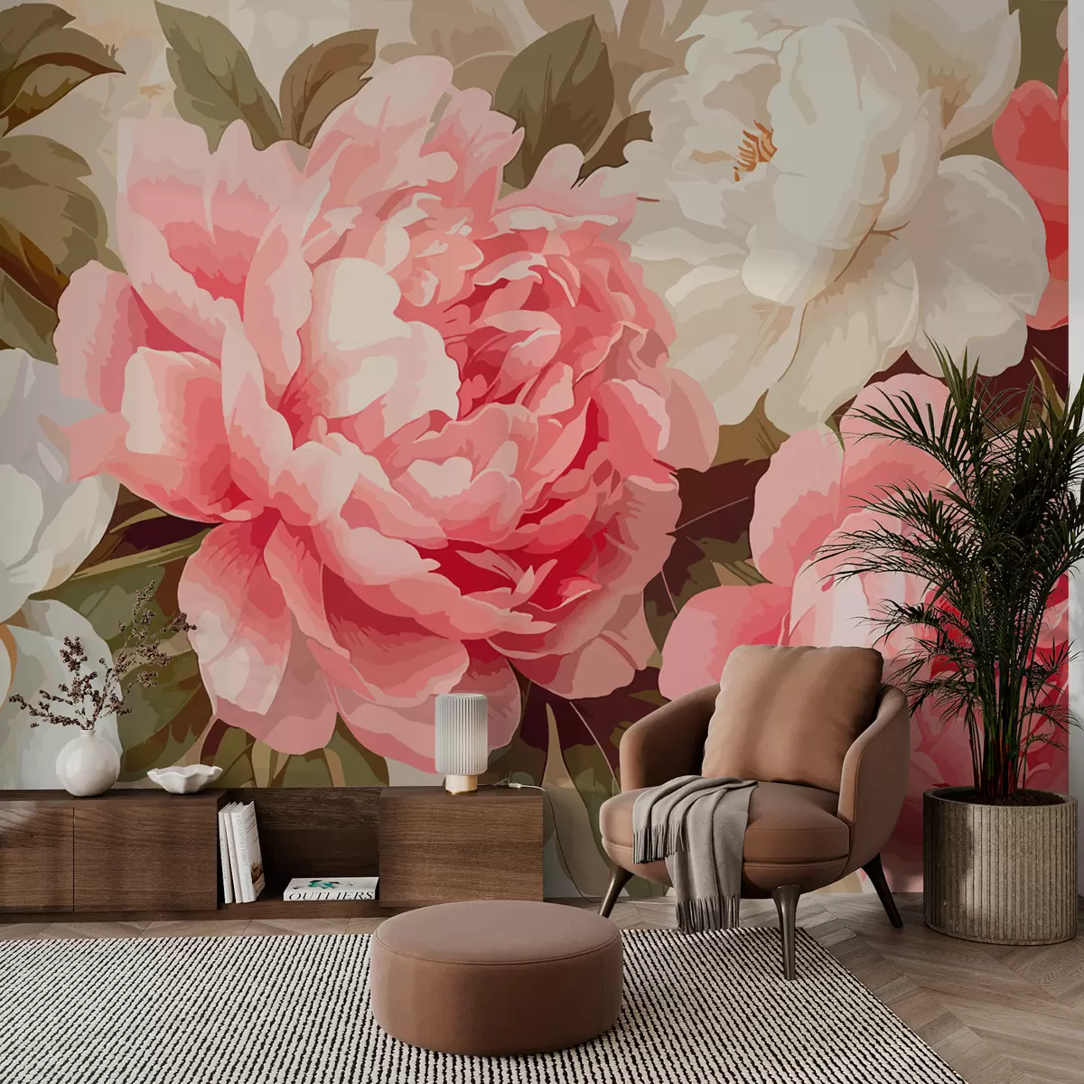 stenske poslikave Rožnate in bele pivonke w01064