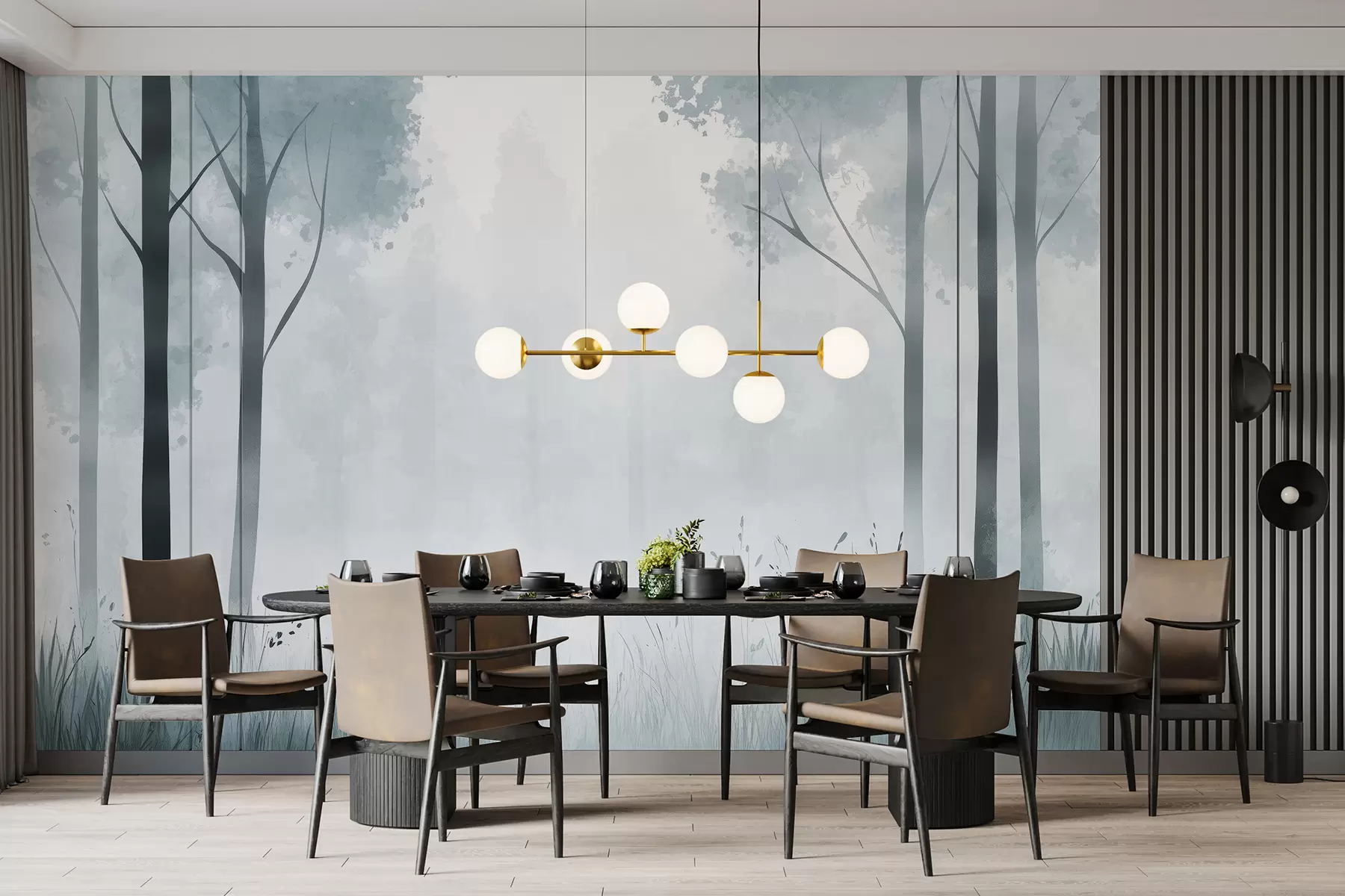 stenske poslikave Akvarel gozd, megla, drevesa, trava, naravna pokrajina, siva barva w01563v3