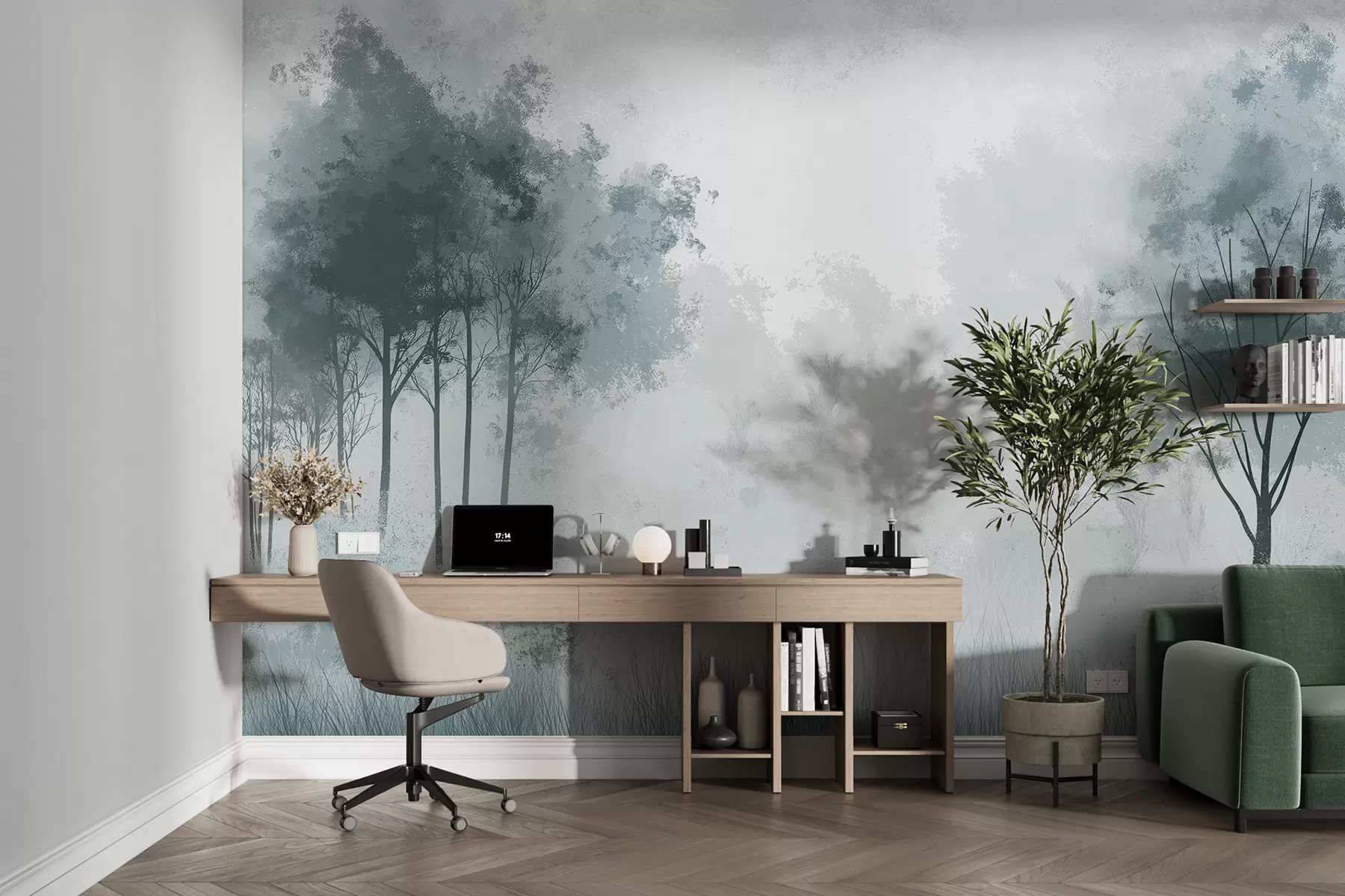 stenske poslikave Naravne pokrajine, drevesa v gozdu, grunge tekstura, sive barve w01564v1