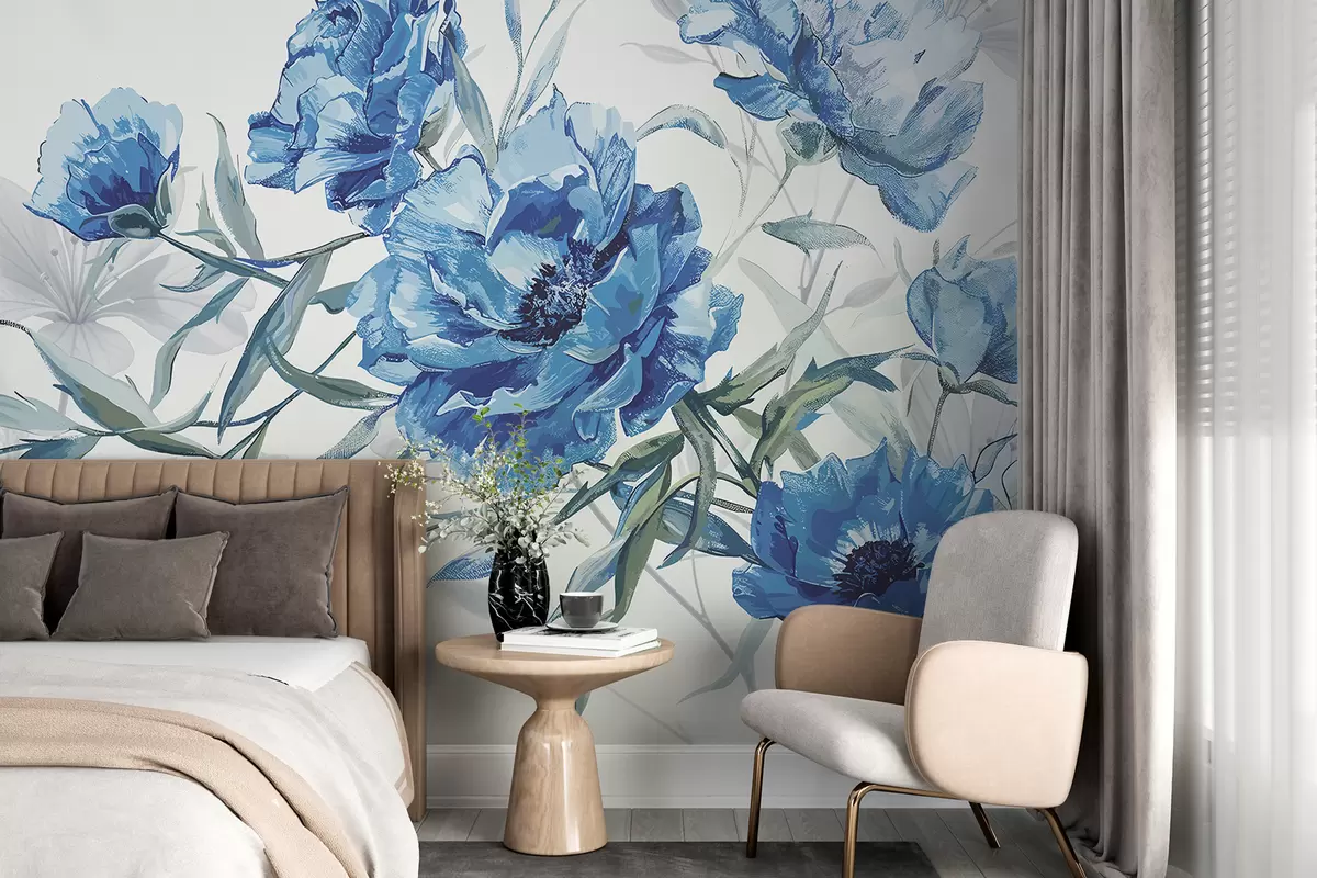 stenske poslikave Slika modrih pivonij z bujnim listjem na svetlem abstraktnem ozadju  w08274v1