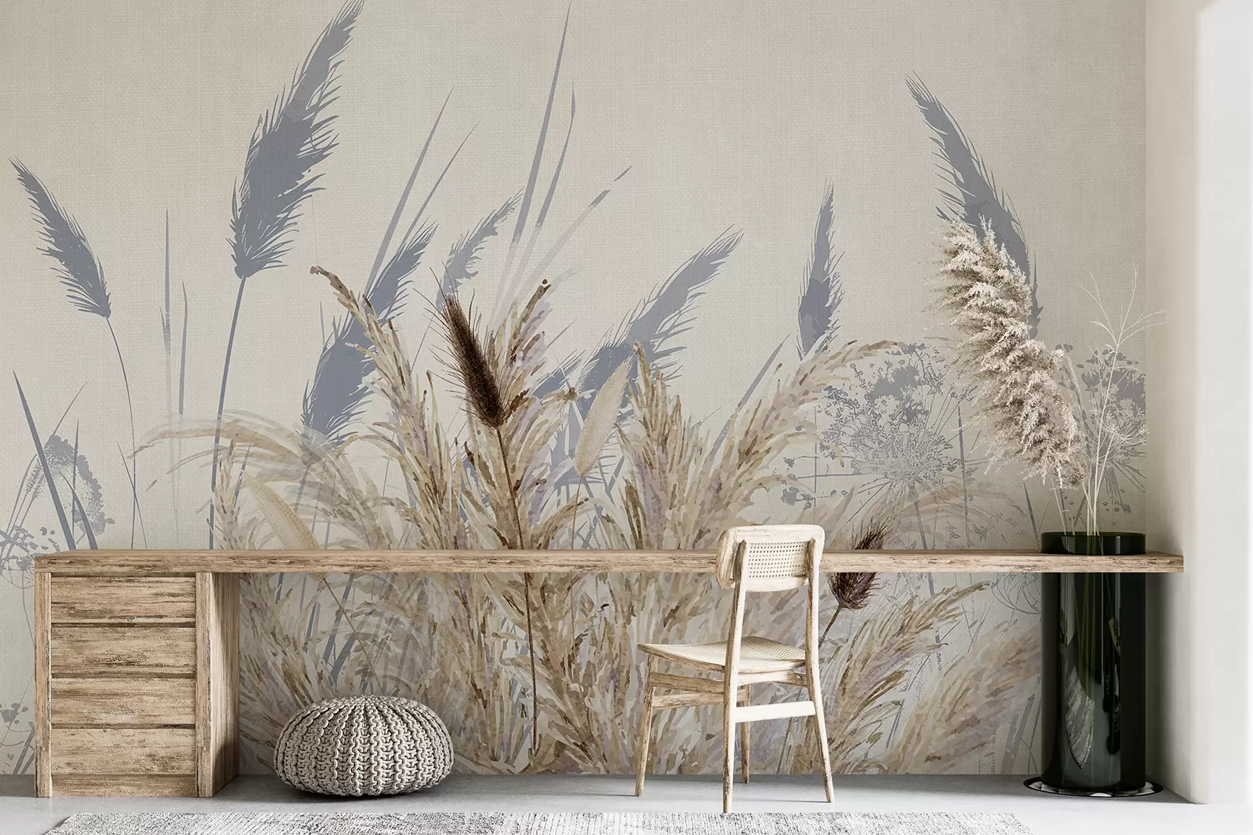 stenske poslikave Visoka stebla pšenice in trave s puhastimi belimi peresi na svetlem ozadju w08282