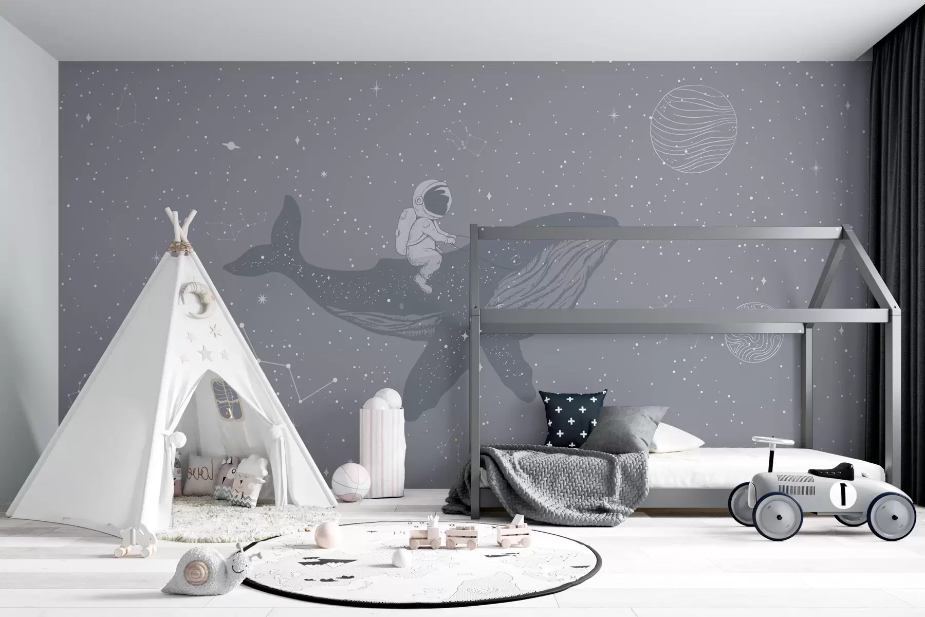 stenske poslikave Astronavt in čarobni kit v vesolju w08298