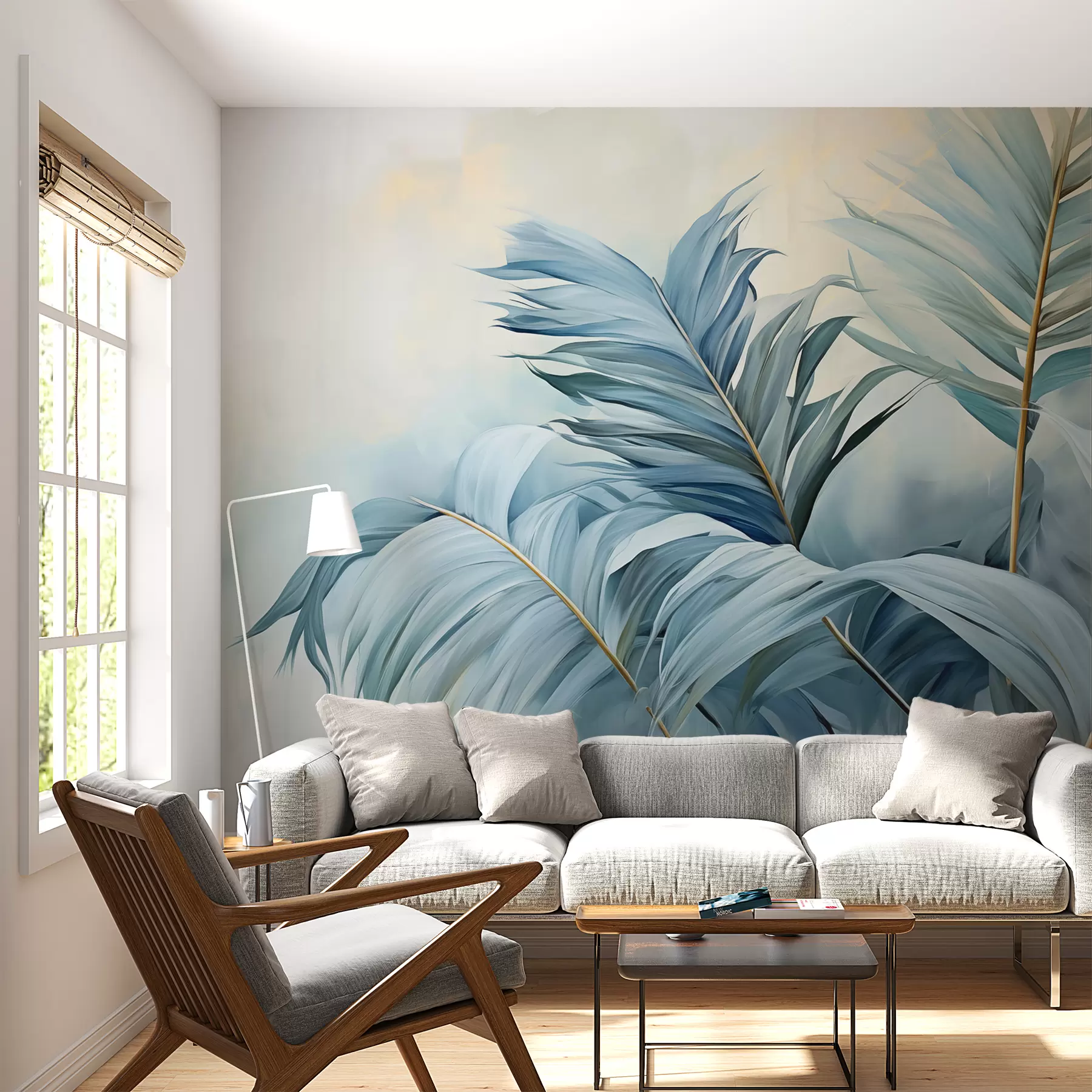 stenske poslikave Modri palmovi listi proti megli w01618