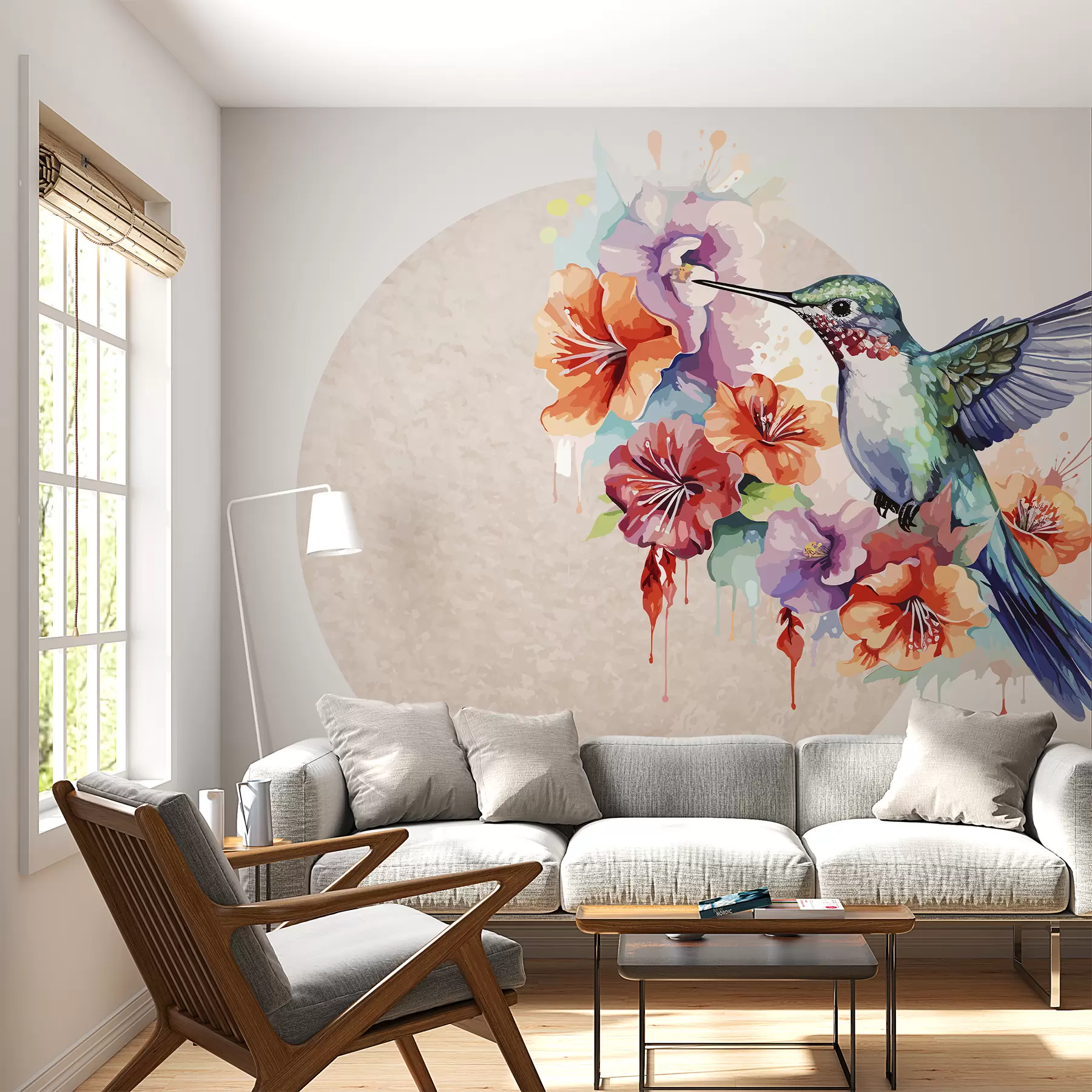 stenske poslikave Kolibri, cvetje, krog, bež w01528