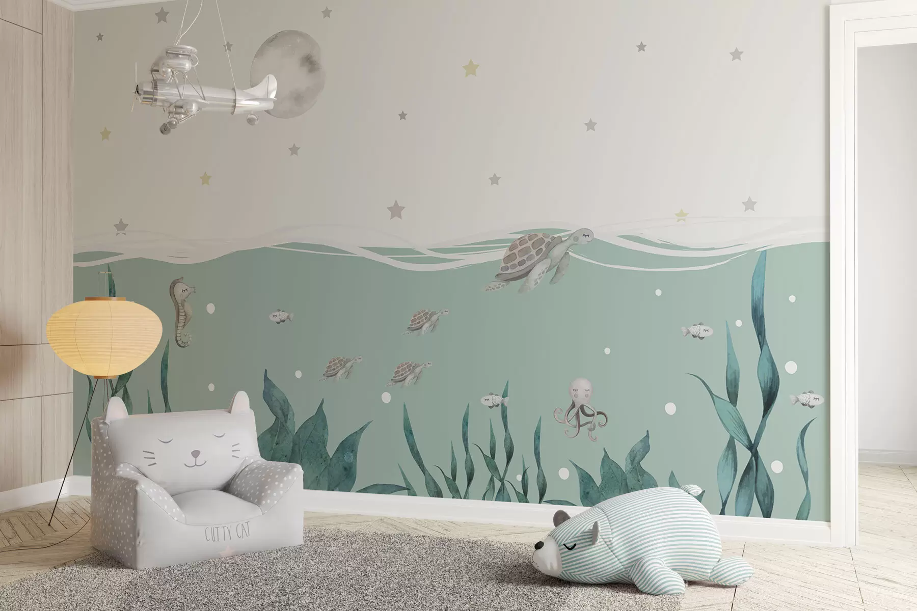 stenske poslikave Morski motiv z želvami, morskim konjičkom, ribami in polno luno w01521