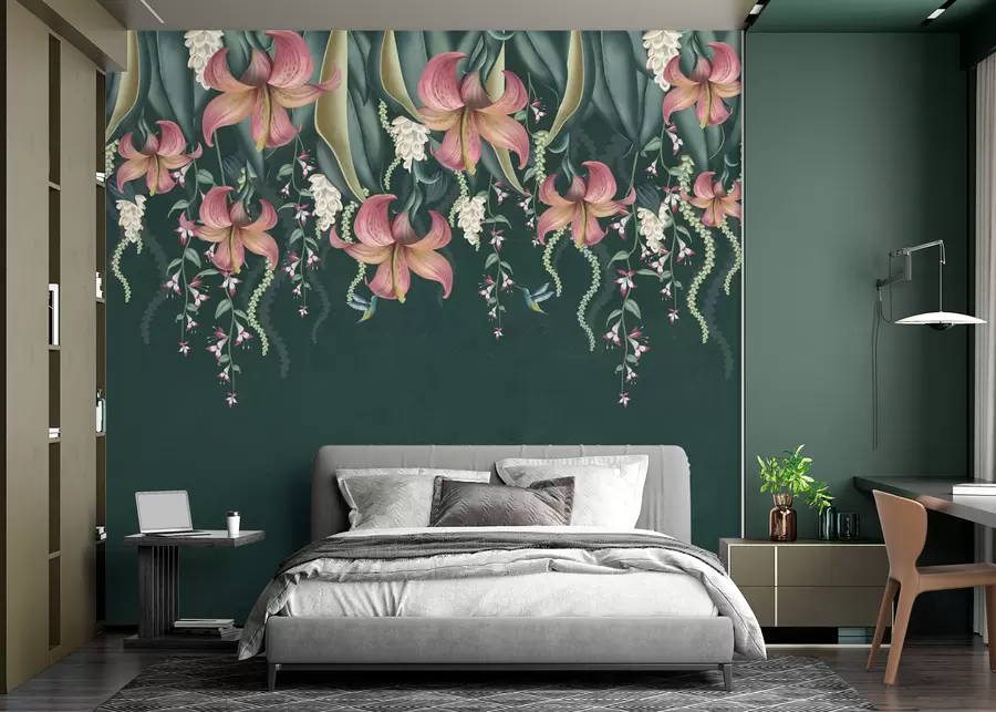 stenske poslikave Nežen botanični motiv z visečimi lilijami, cvetovi in kolibriji na zeleni grunge steni w01523v3