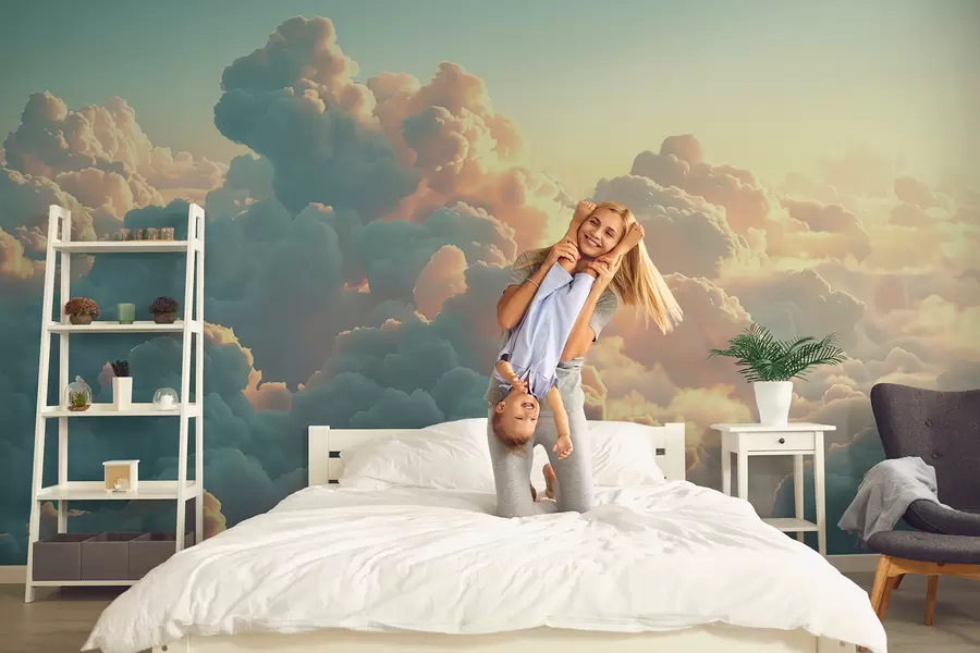 stenske poslikave Svetlo nebo s številnimi oblaki v svetlih barvah w01543