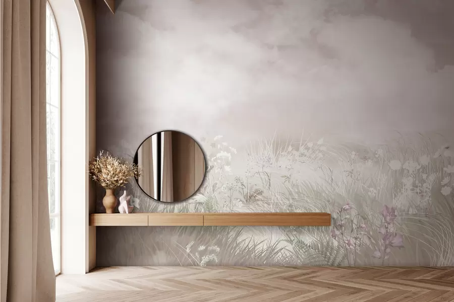 stenske poslikave Divje cvetlice in trave z bledo rožnatim nebom in oblaki w01624v4