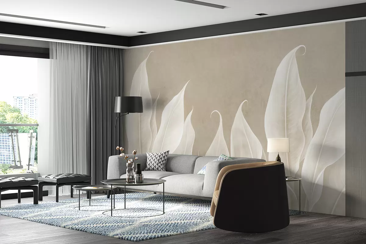 stenske poslikave veliki beli listi na bež ozadju w01679