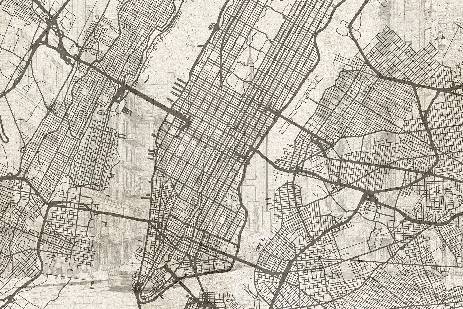stenske poslikave Zemljevid mesta New York, linijska risba, arhitektura, bež barve w01699