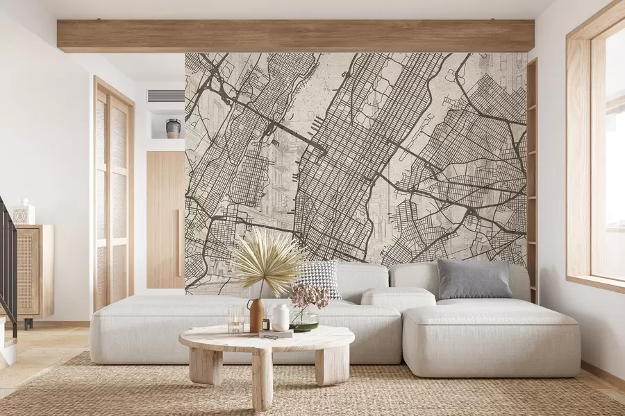 stenske poslikave Zemljevid mesta New York, linijska risba, arhitektura, bež barve w01699