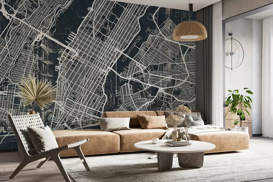 stenske poslikave Zemljevid mesta New York, linijska risba, arhitektura, temne barve w01699v1