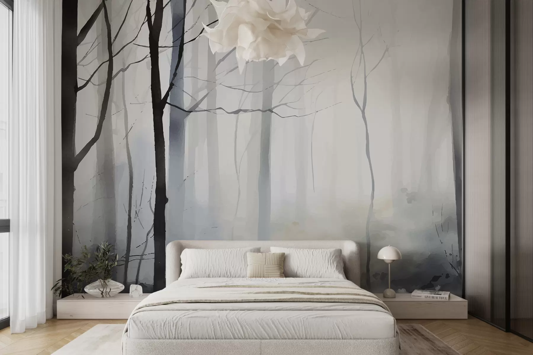 stenske poslikave Drevesa, pastelne barve, nežnost, megla w01758