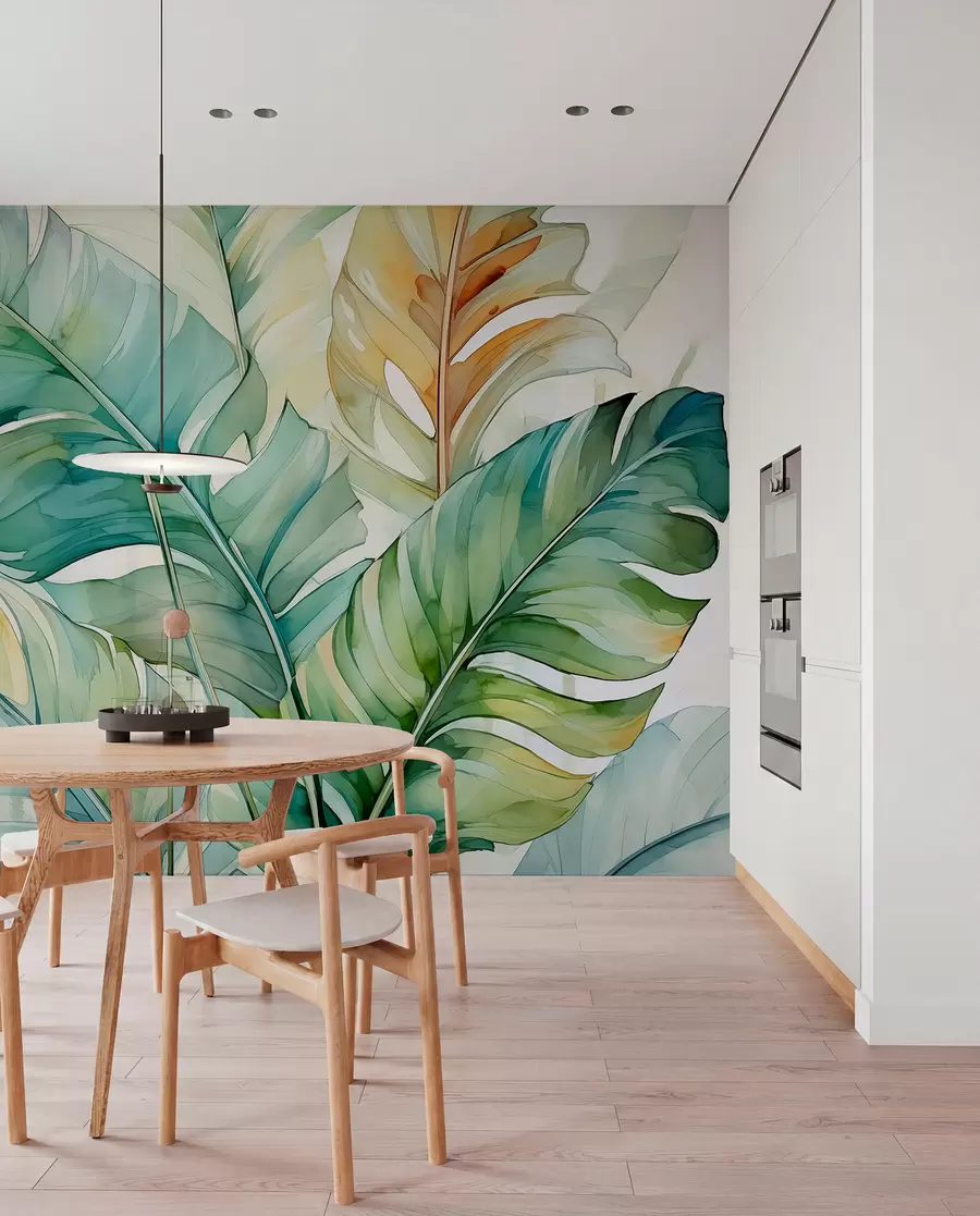 stenske poslikave Tropski listi bananine palme mokri akvarel w01775