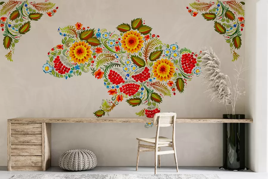 stenske poslikave Zemljevid Ukrajine v slogu slikarstva Petrikov na svetlo bež ozadju w01149