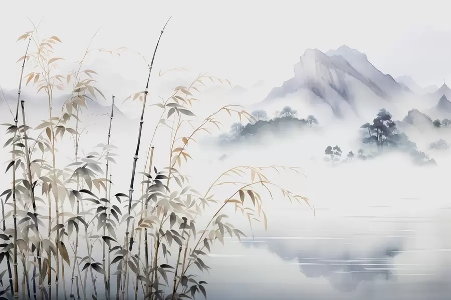 stenske poslikave Mokra akvarelna bambusova stebla na gorskem ozadju w01864