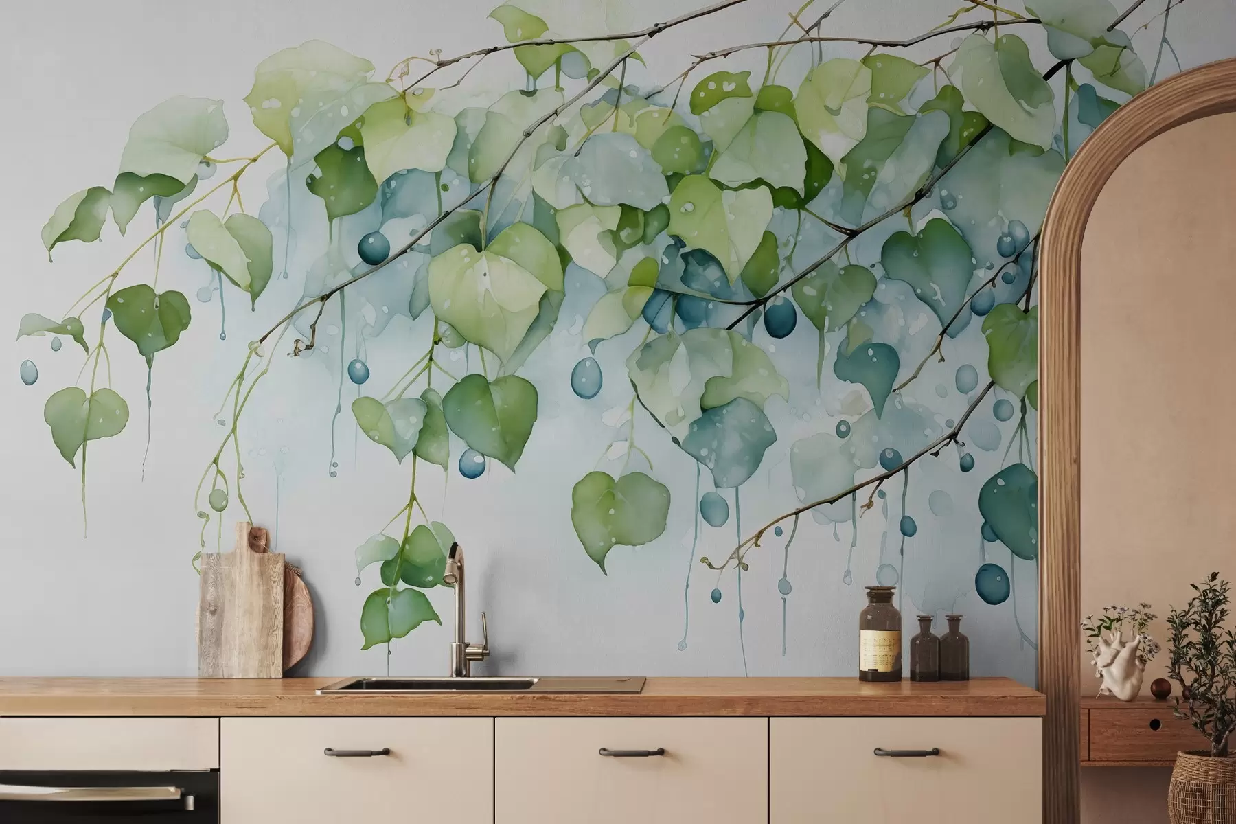 stenske poslikave Veja z listi mokri akvarel w01870