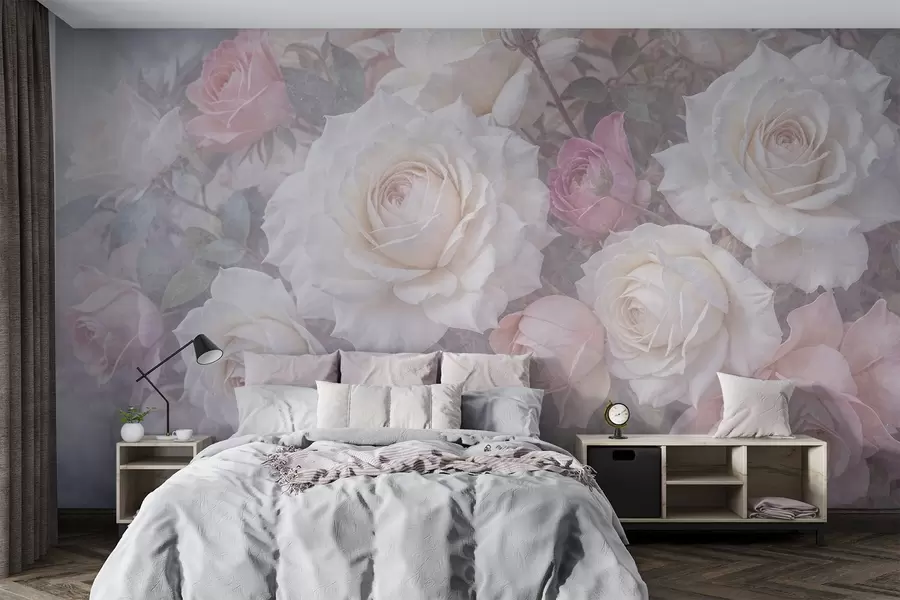 stenske poslikave Mehke, pastelno obarvane vrtnice in borovnice na zamegljenem, megleno sivem teksturiranem ozadju w08352