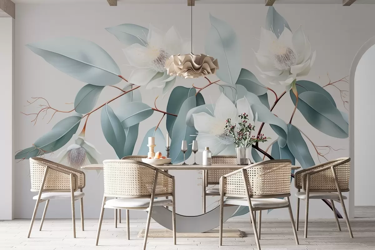 stenske poslikave Cvetovi jasmina na veji, akril, mehke sive barve w01885