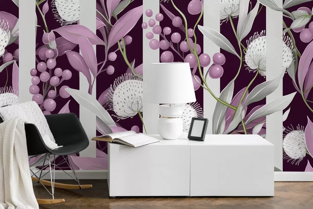 stenske poslikave Cvetlični okras z gozdnimi jagodami, vintage, rožnate in zelene barve w01886v1