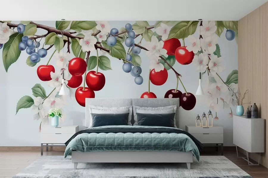 stenske poslikave Jagodni vrt: veje s češnjami, borovnicami in cvetjem w01975