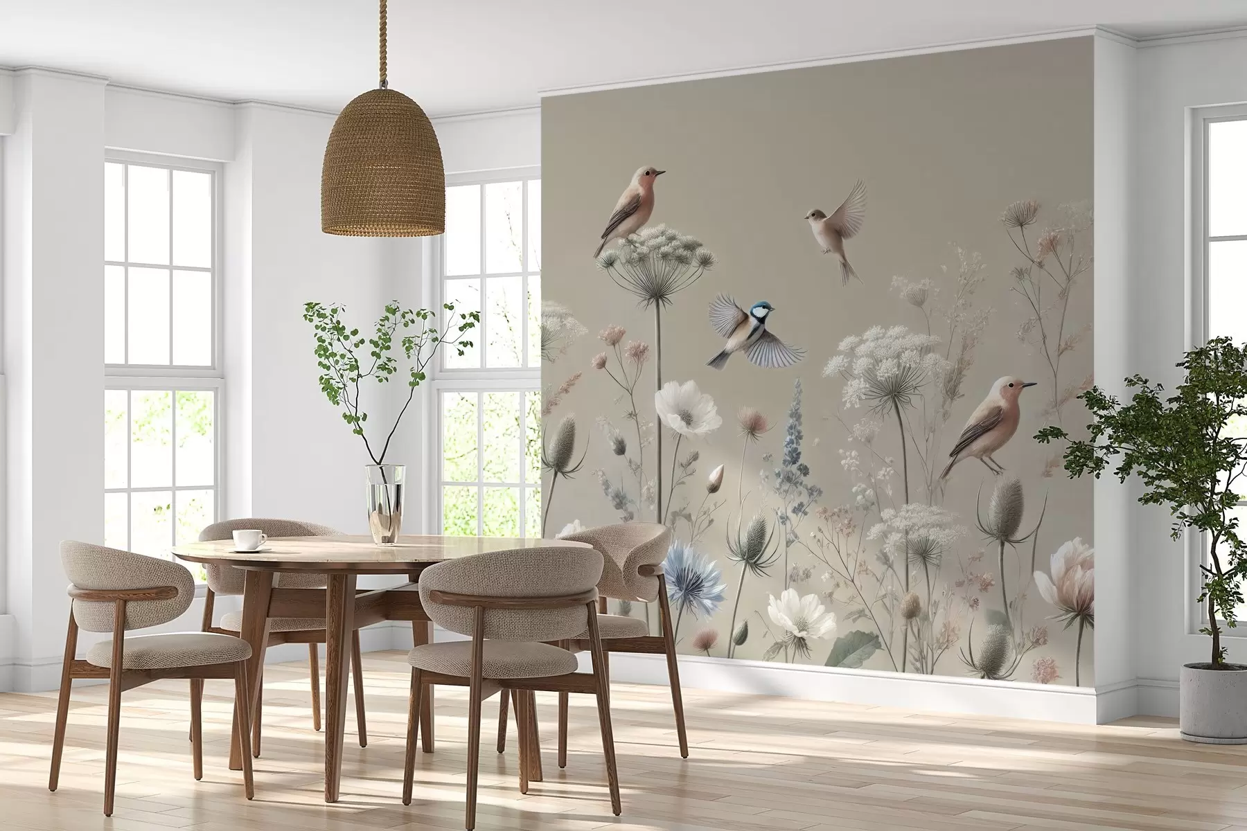 stenske poslikave Nežno divje cvetje s pticami na bež ozadju w01958
