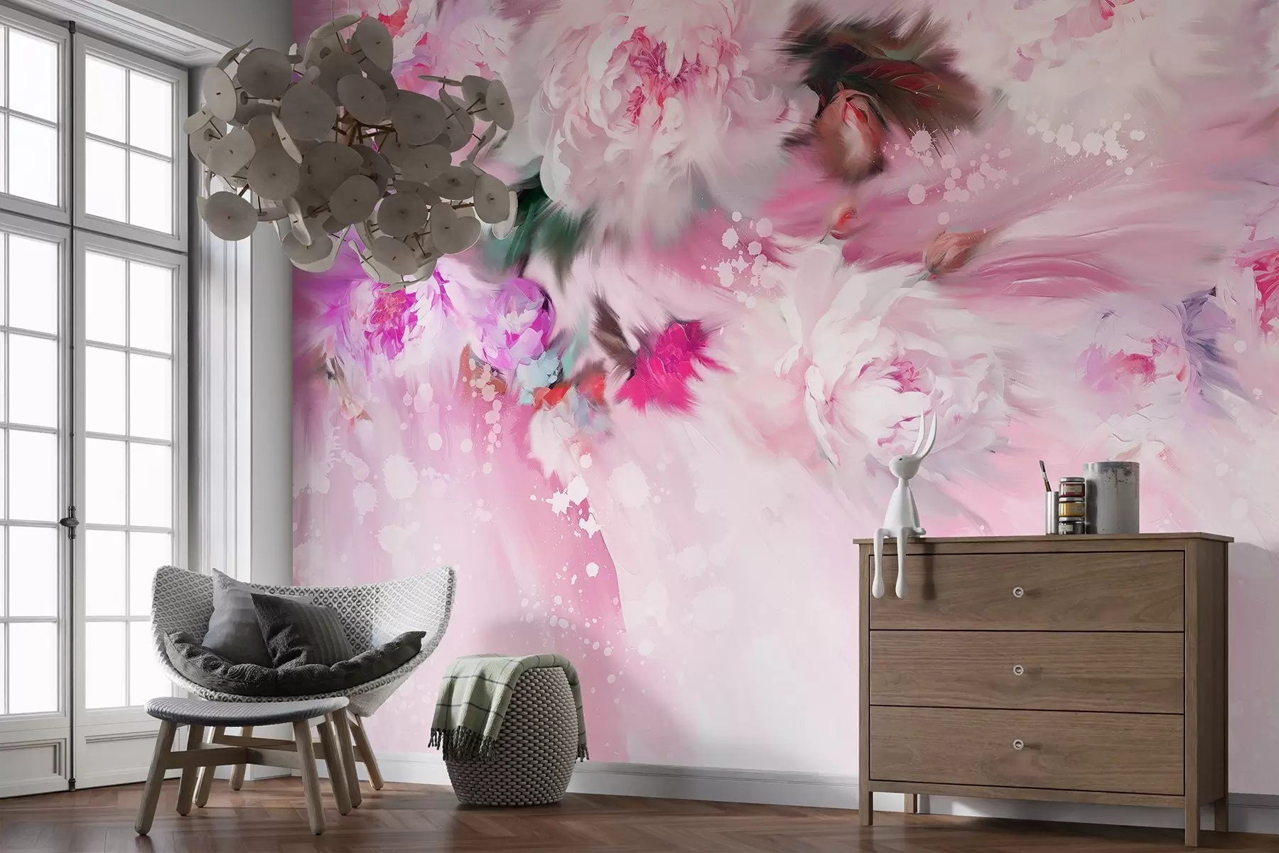 stenske poslikave Akrilne pivonije, poteze čopiča, cvetlične, mehke pastelne rožnate barve w02021v1